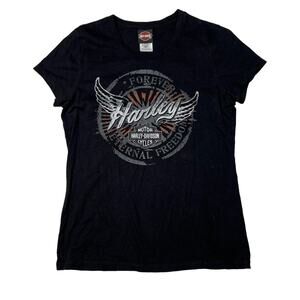 Harley Davidson Scoop Neck Baby Tee T-Shirt Retro Y2K Biker Black Womens L Large